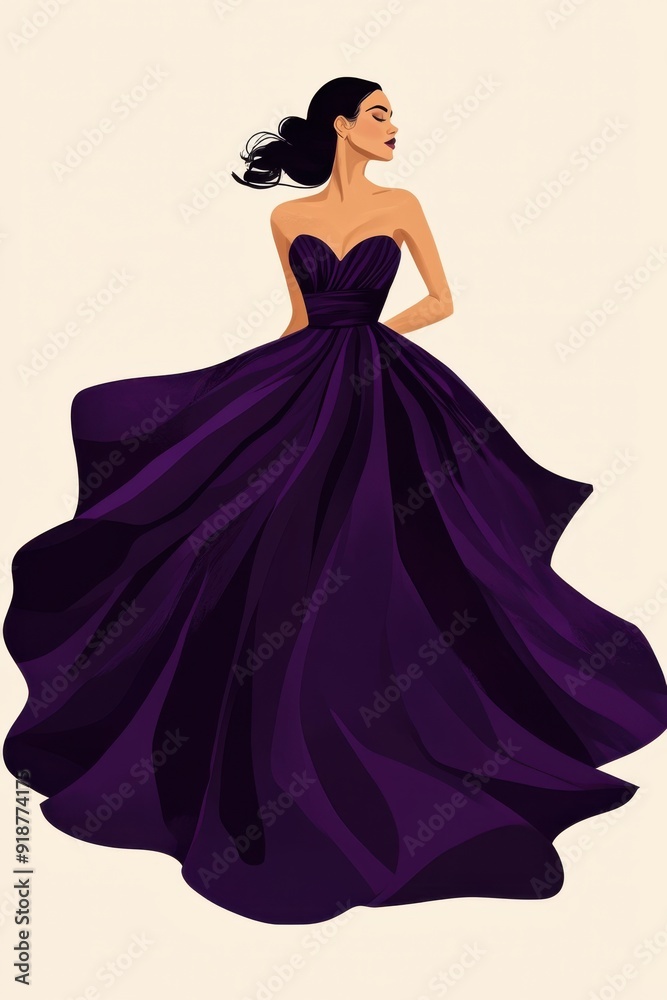 Minimalism illustration, a Latina woman, wearing a voluminous ball gown in royal purple with a fitted bodice, standing with arms slightly extended, high fashion, flat illustration on soft ivory Minimalism illustration, a Latina woman, wearing a voluminous ball gown in royal purple with a fitted bodice, standing with arms slightly extended, high fashion, flat illustration on soft ivory