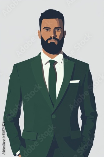 Minimalism illustration, a Persian man, wearing an elegant dark green suit with a white shirt and a matching tie, high fashion, flat illustration on light gray background