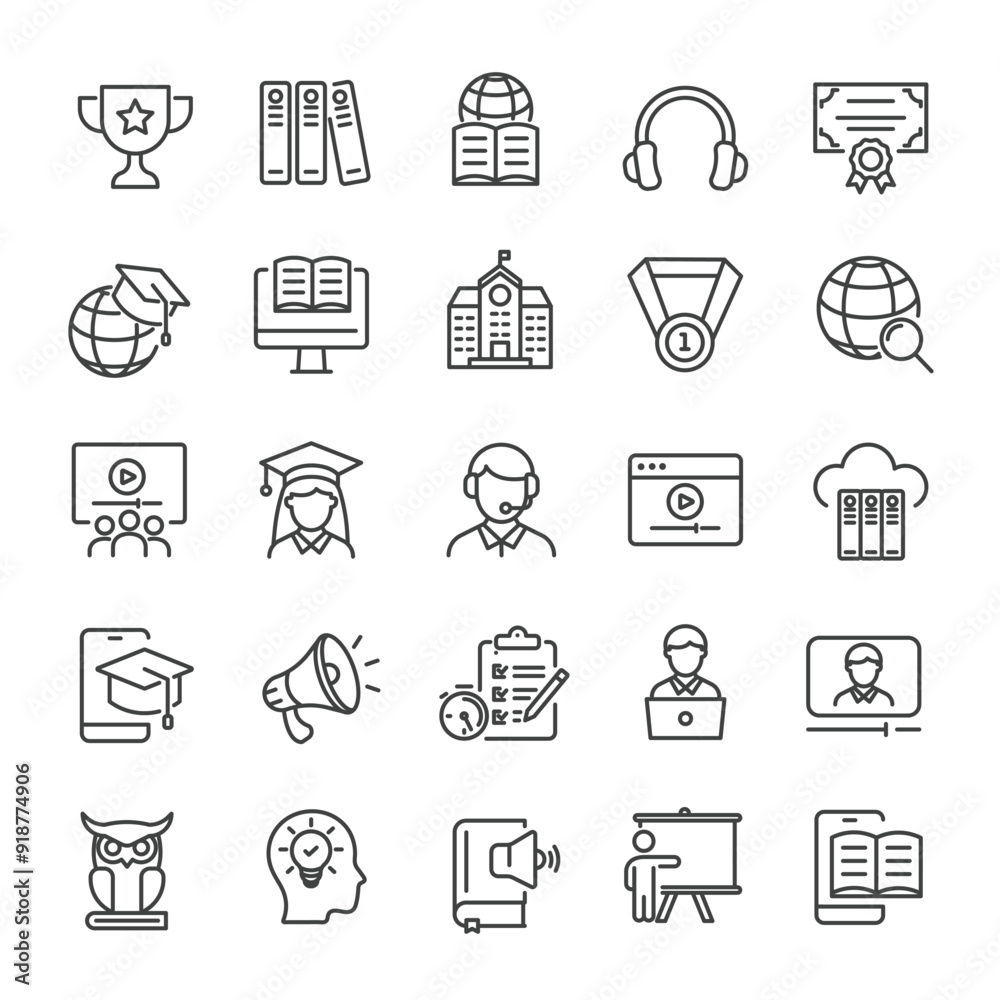 E-learning, education, online school, webinar thin line icons collection. Editable stroke. For website marketing design, logo, app, template, ui, etc. Vector illustration. E-learning, education, online school, webinar thin line icons collection. Editable stroke. For website marketing design, logo, app, template, ui, etc. Vector illustration.