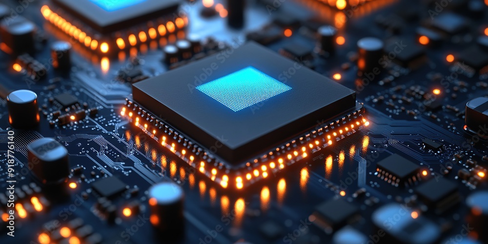 Close-Up of a CPU on a Circuit Board with Red LED Highlights Close-Up of a CPU on a Circuit Board with Red LED Highlights