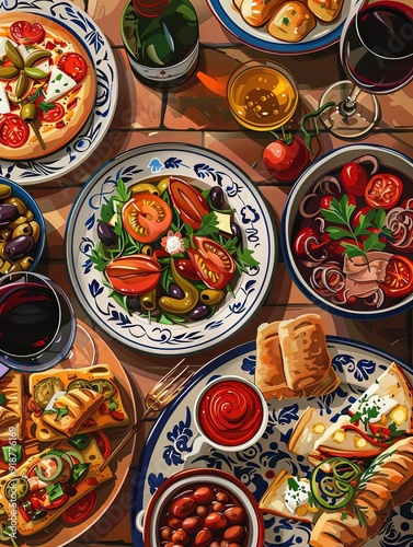 Wallpaper Mural Mediterranean tapas, small plates and wine, flat design illustration Torontodigital.ca