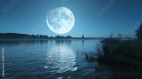 A full moon illuminating a serene lake, with reflections shimmering on the water's surface under a clear night sky.