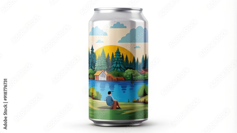 Fototapeta premium Aluminum Can with Illustration of a Man Sitting by a Lake in the Woods