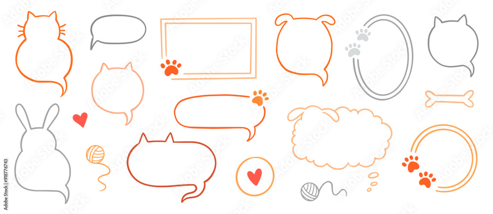Fototapeta premium Cat dog pet frame, speech bubble cute set. Hand drawn sketch doodle line style animal pet frame design. Cat, dog paw cute talk speech bubble design. Puppy round footprint badge. Vector illustration.