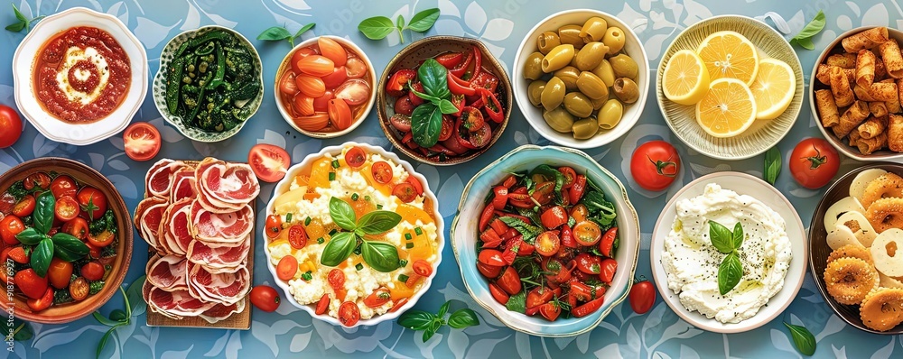 Mediterranean feast, diverse dishes, flat design illustration Mediterranean feast, diverse dishes, flat design illustration