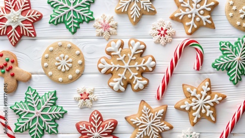 Assorted Christmas Cookies and Candy Cane on White Wood