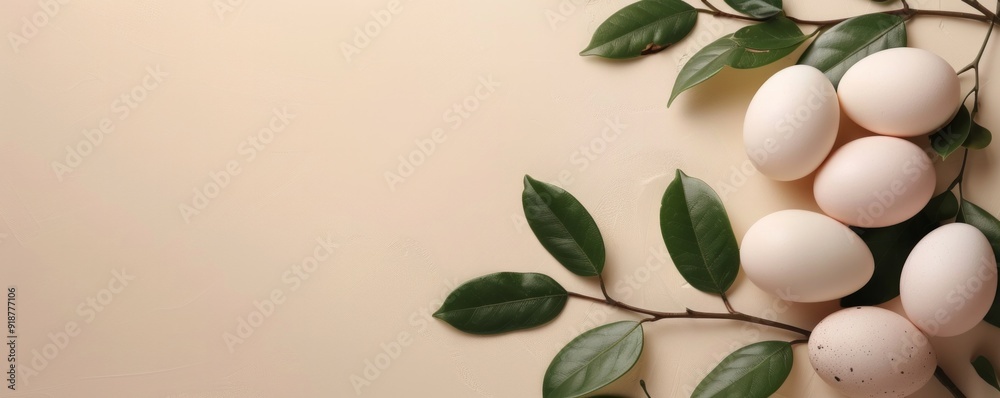 A group of eggs are sitting on a leafy branch