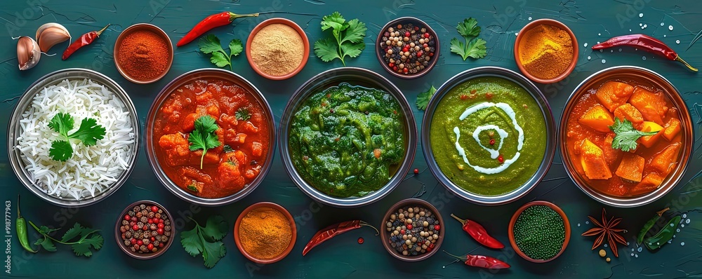 Indian cuisine, rich spices and colors, flat design illustration Indian cuisine, rich spices and colors, flat design illustration