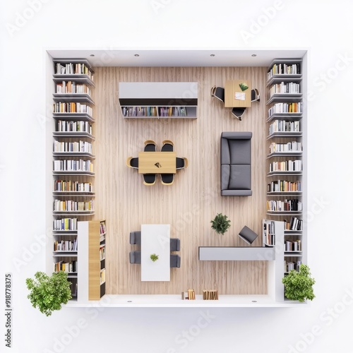 Top down view, 3D Render of a multilingual library with diverse language sections, reading zones, and cultural displays, floor