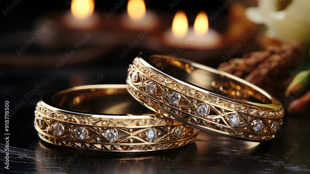 Golden wedding rings on wood copy space Golden wedding rings on wood copy space