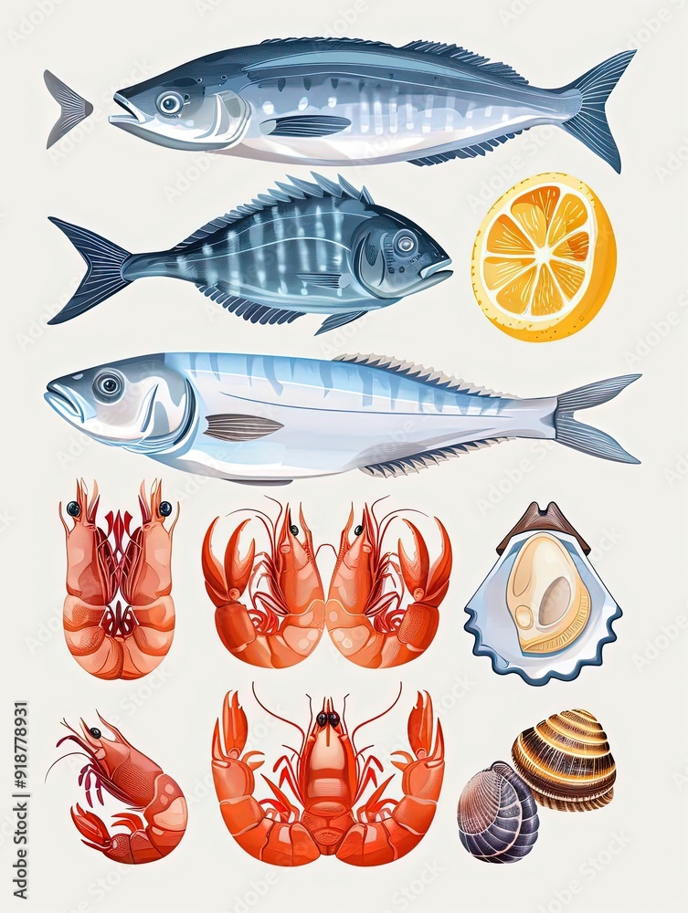Obraz premium Fresh seafood market, fish and shellfish, flat design illustration