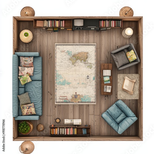 Top down view, 3D Render of a travel library with maps, travel guides, and comfortable seating for reading, floor plan photo