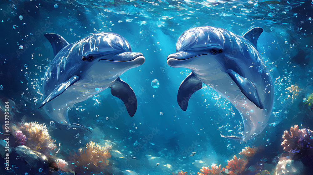 Fototapeta premium illustration of two cute colorful happy baby dolphins on ocean background