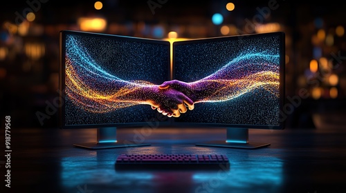 Digital Handshake with Futuristic Data Streams on Dual Monitors photo