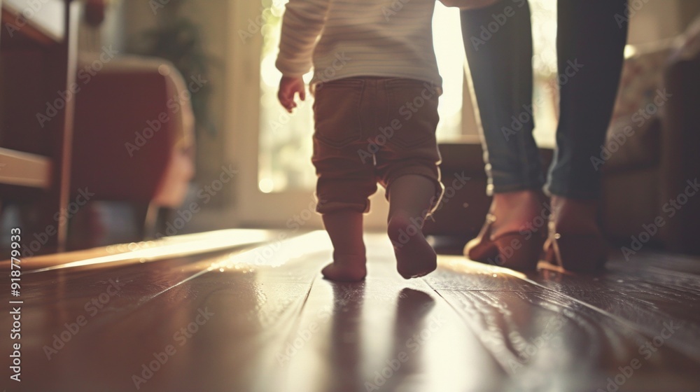 A baby is walking on a wooden floor with a woman following behind A baby is walking on a wooden floor with a woman following behind