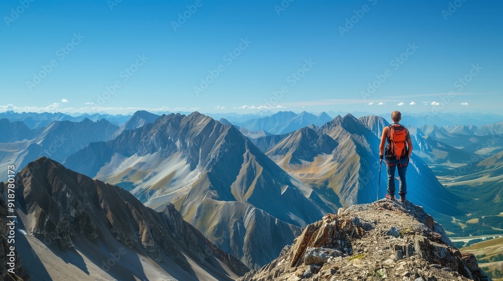 A hiker standing on a mountain ridge, looking out over a vast expanse of peaks and valleys under a clear blue sky. A hiker standing on a mountain ridge, looking out over a vast expanse of peaks and valleys under a clear blue sky.