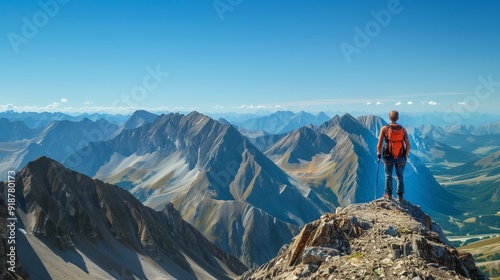 A hiker standing on a mountain ridge, looking out over a vast expanse of peaks and valleys under a clear blue sky.