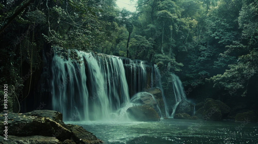 A waterfall is flowing into a river in a lush green forest A waterfall is flowing into a river in a lush green forest