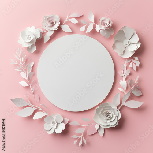 Stylish flat lay of a blank white circle on a soft pastel pink background, surrounded by a refined paper cut floral design. High-resolution and minimalistic, ideal for invitations, digital backgrounds