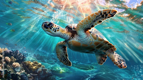 Sea Turtle Swimming Through Sunlit Coral Reef