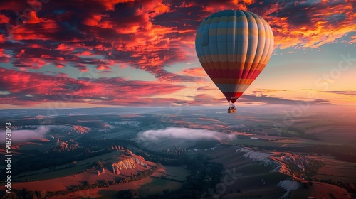 A hot air balloon floating over a picturesque landscape at sunset, with the sky ablaze in hues of red, orange, and pink.