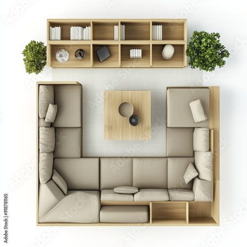 3D Render of a contemporary living room with an L-shaped sofa, ottoman, and built-in shelves, floor plan, on isolated white