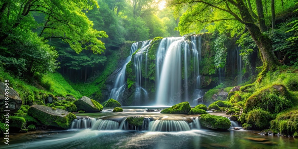 Serene waterfall flowing through lush green forest, nature, waterfall, forest, green, tranquil, peaceful, scenic, landscape Serene waterfall flowing through lush green forest, nature, waterfall, forest, green, tranquil, peaceful, scenic, landscape