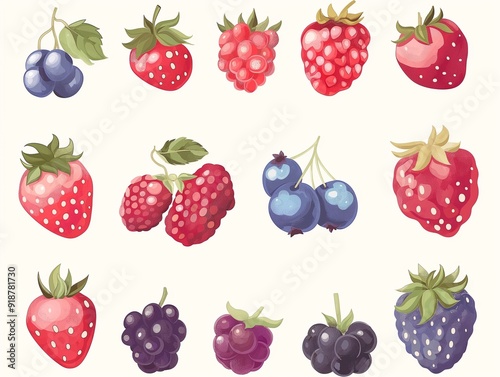 Set of various berries simple illustration. AI generated
