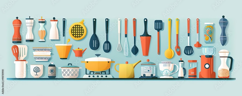Cooking utensils, colorful tools, flat design illustration Cooking utensils, colorful tools, flat design illustration