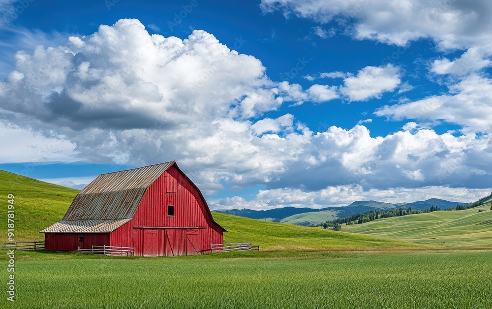 Obraz premium Red Barn in a Green Field with a Blue Sky and White Clouds.