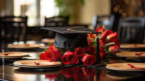 Graduation academic hat and certificate on the table  