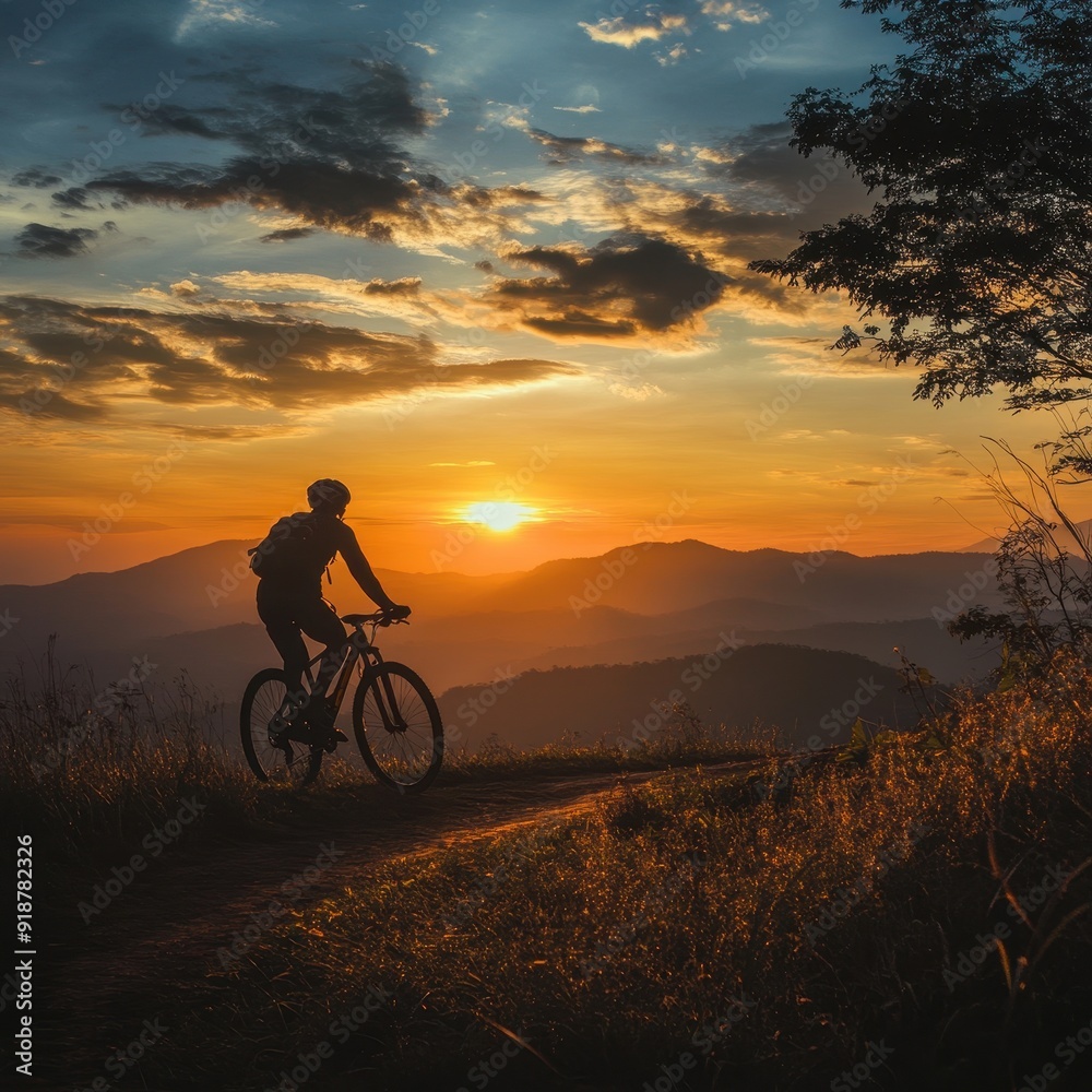 Silhouette of Cyclist Riding Mountain Bike at Sunset with Golden Hour Sky and Mountain View. Silhouette of Cyclist Riding Mountain Bike at Sunset with Golden Hour Sky and Mountain View.