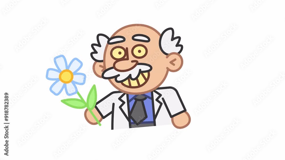 Professor sticker holds flower and smiles. Alpha channel Professor sticker holds flower and smiles. Alpha channel