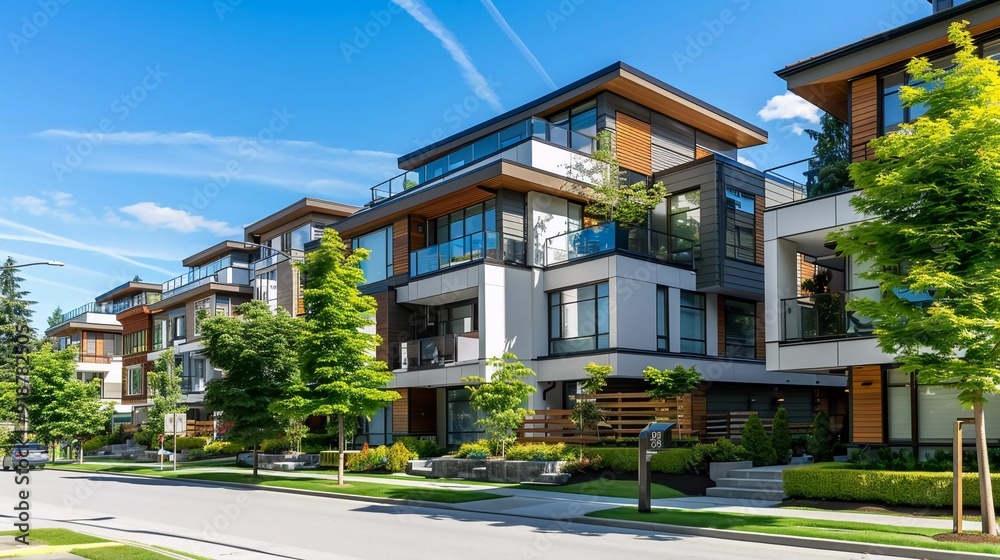 New Modern Apartment Building in Vancouver BC. Canadian modern residential architecture on a sunny day New Modern Apartment Building in Vancouver BC. Canadian modern residential architecture on a sunny day
