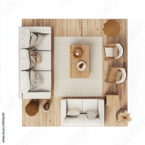 3D Render of a Scandinavian living room with a white sofa, wooden coffee table, and minimalist decor, floor plan, on isolated