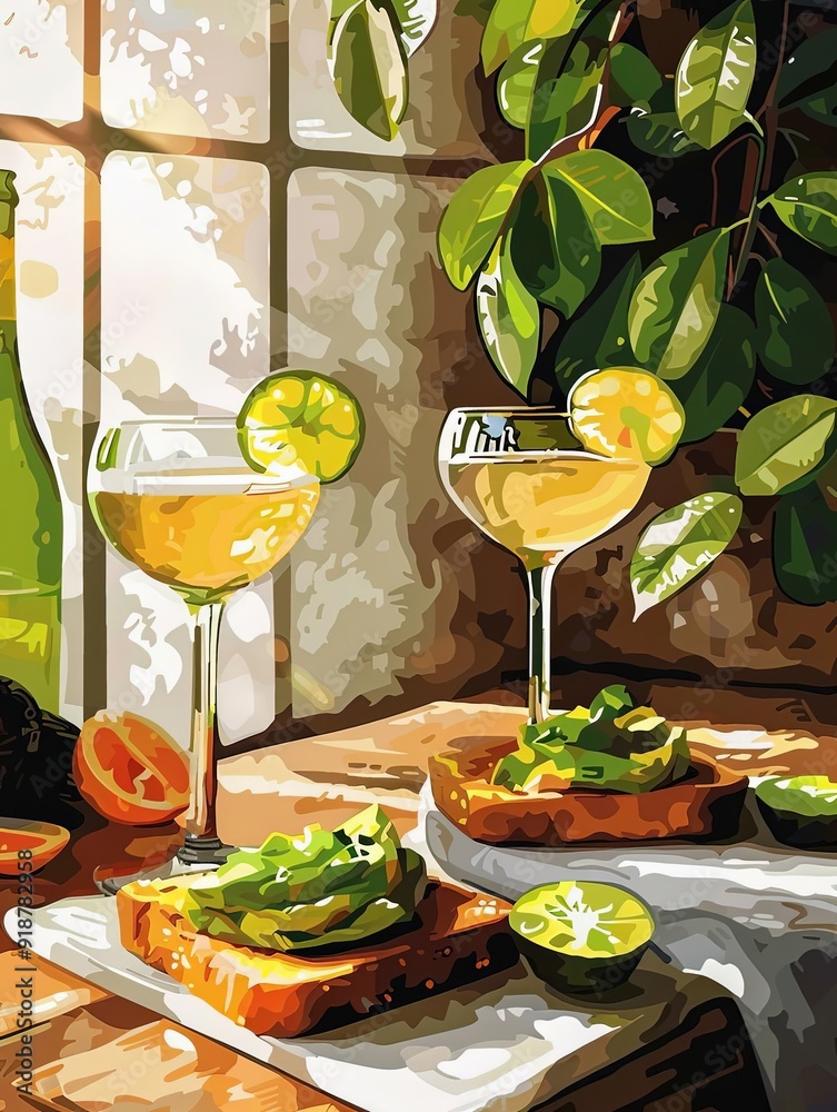 Brunch scene, mimosas and avocado toast, flat design illustration Brunch scene, mimosas and avocado toast, flat design illustration