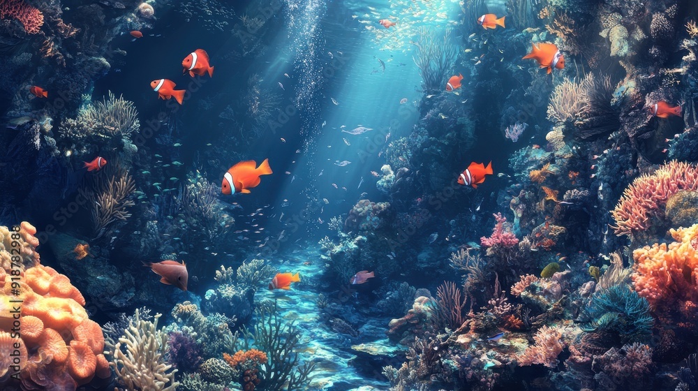 Vibrant Coral Reef with Orange Fish and Sunbeams Underwater Vibrant Coral Reef with Orange Fish and Sunbeams Underwater