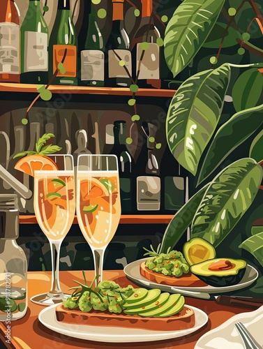 Brunch scene, mimosas and avocado toast, flat design illustration