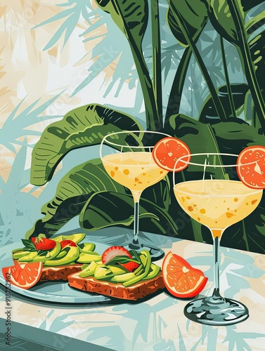 Brunch scene, mimosas and avocado toast, flat design illustration