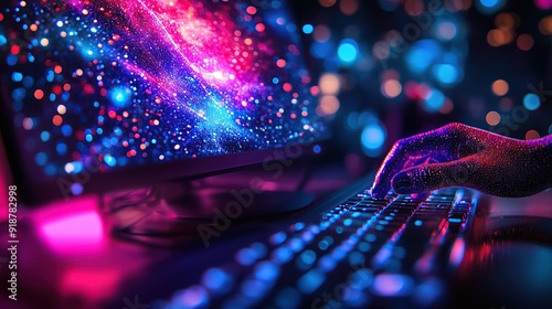 Digital Hand Typing on Futuristic Keyboard with Glowing Particles photo