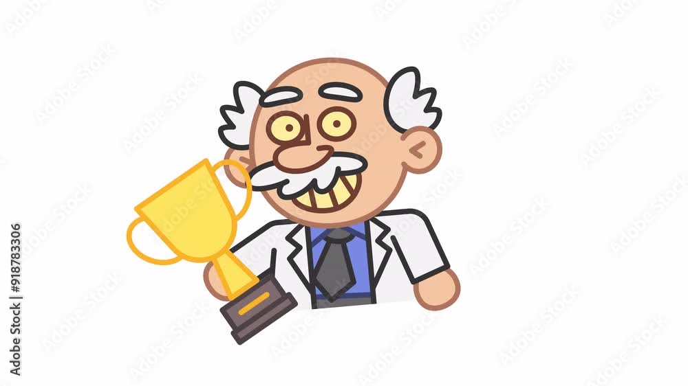 Professor sticker holds golden cup and smiles. Alpha channel Professor sticker holds golden cup and smiles. Alpha channel