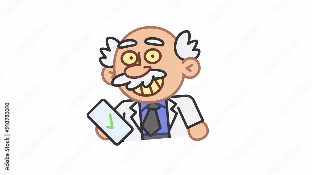 Professor sticker holds mobile phone with done icon and smiles. Alpha channel Professor sticker holds mobile phone with done icon and smiles. Alpha channel