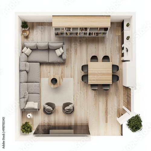 3D Render of an open-plan living room with a sofa, dining table, and bookshelf, floor plan, on isolated white background