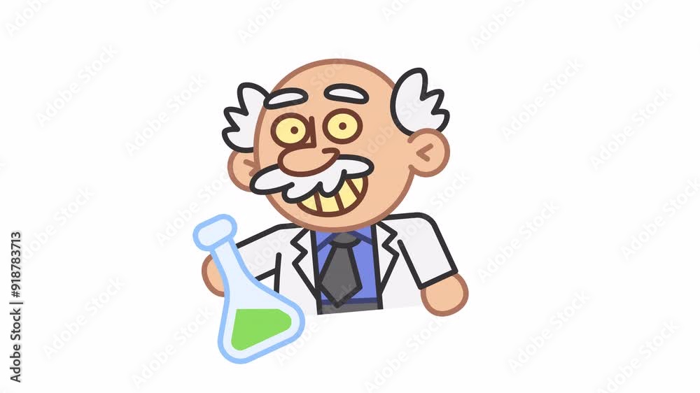 Professor sticker holds test tube and smiles. Alpha channel Professor sticker holds test tube and smiles. Alpha channel