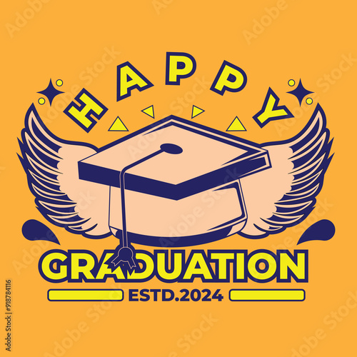 vector illustration design of happy graduation with a toga hat and wings in peach and blue colors in a simple style on an orange background. suitable for logos, icons, posters, advertisements, banners