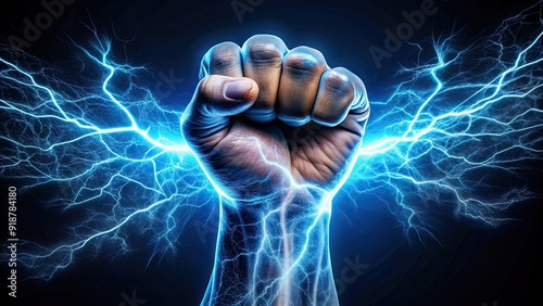 Powerful electrically charged fist symbolizing strength and energy, Power, Electric, Energy, Powerhouse, Dynamic, Electricity