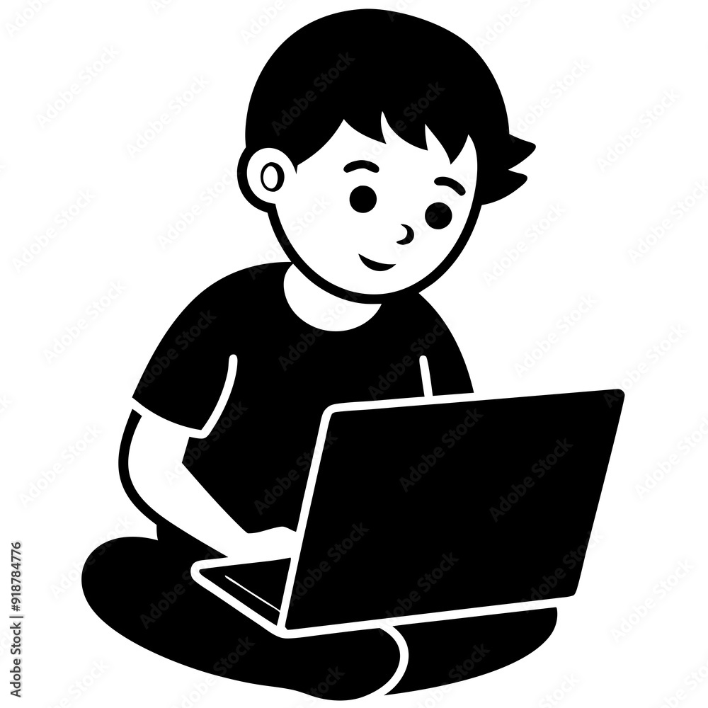 Child working on laptop vector art illustration. Child working on laptop vector art illustration.