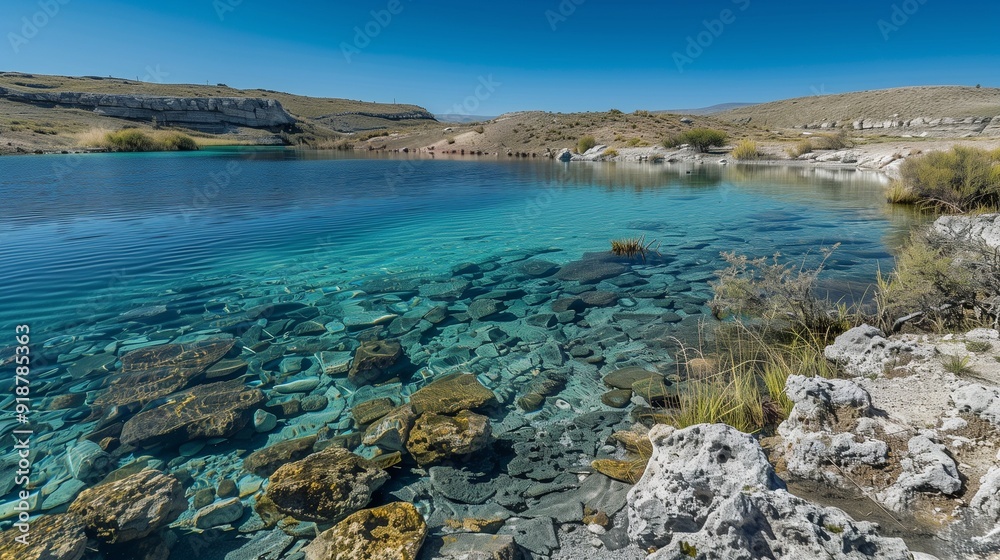 A lake with crystal-clear turquoise water, surrounded by rugged terrain and sparse vegetation. A lake with crystal-clear turquoise water, surrounded by rugged terrain and sparse vegetation.