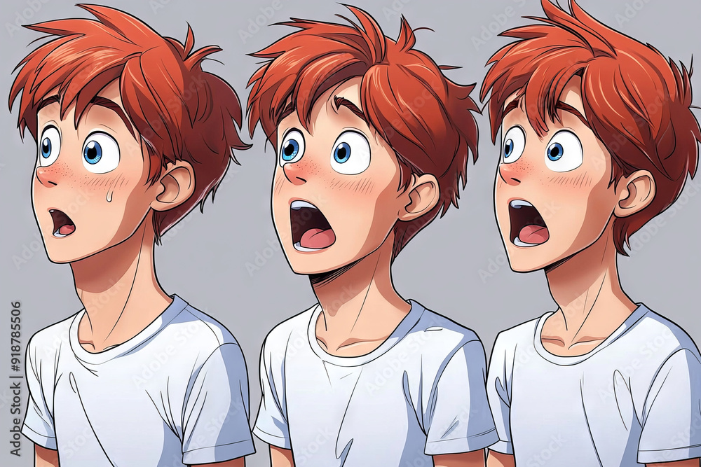 Emotional face cartoon character young office man 3/4 side view design vector illustration set. Happy, smiling, upset, surprised, sad, angry, shouting red hair person flat style concept Emotional face cartoon character young office man 3/4 side view design vector illustration set. Happy, smiling, upset, surprised, sad, angry, shouting red hair person flat style concept