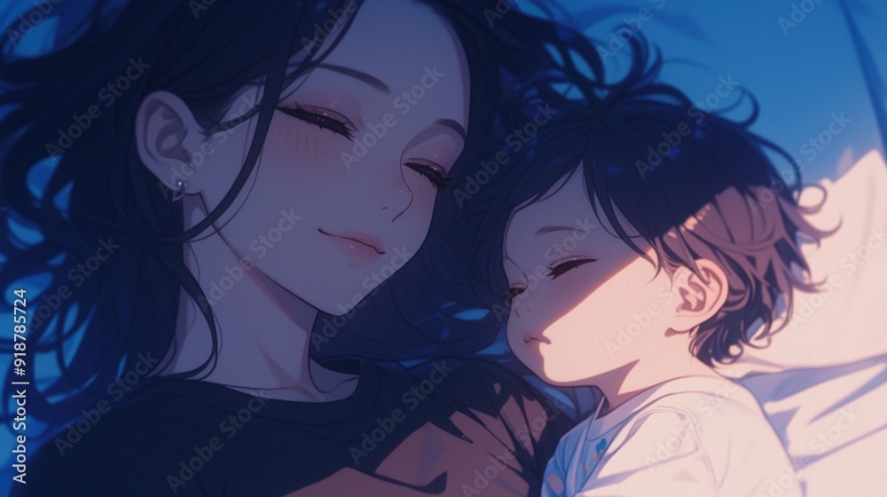 ベッドで寝ている赤ちゃんと母親1 ベッドで寝ている赤ちゃんと母親1